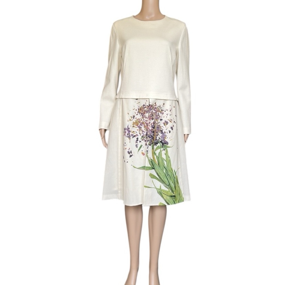 Akris Elegant Ivory Long Sleeve Floral Sheath Dress SIze 10